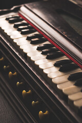 Harmonium keys with vintage looks  stock image, selective focus.