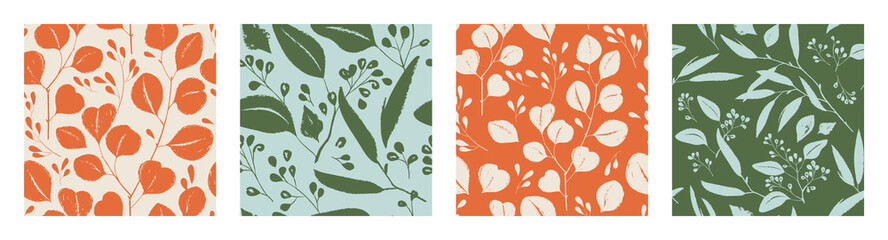 Hand drawn botanical seamless pattern set. Trendy ink drawn textures. Modern design for paper, cover, fabric, interior decor and other users. 