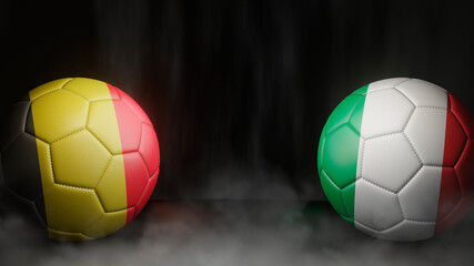 Two soccer balls in flags colors on a black abstract background. Belgium and Italy. 3d image
