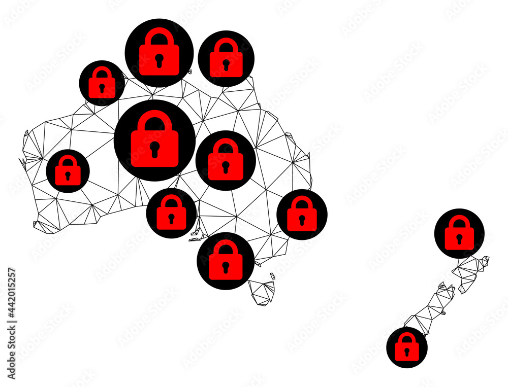 Aufkleber polygonal mesh lockdown map of australia and new zealand. abstract mesh lines and locks form map of 