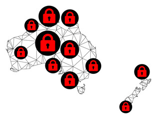 Polygonal mesh lockdown map of Australia and New Zealand. Abstract mesh lines and locks form map of Australia and New Zealand.