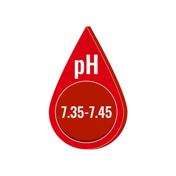 Human blood pH level icon isolated on white background.  Red blood drop shape mark with normal healthy human blood ph balance from 7.35 to 7.45. Flat design vector illustration.
