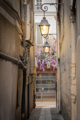 Paris, France - 05 02 2021: Latin quarter. A famous and typical cobbled street and restaurant with...
