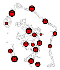 Polygonal mesh lockdown map of Bora-Bora. Abstract mesh lines and locks form map of Bora-Bora. Vector wire frame 2D polygonal line network in black color with red locks.