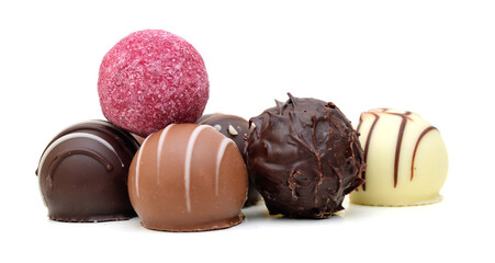 Chocolate candies collection. Beautiful Belgian truffles isolated on white background