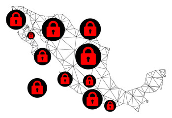 Polygonal mesh lockdown map of Mexico. Abstract mesh lines and locks form map of Mexico. Vector wire frame 2D polygonal line network in black color with red locks. Frame model for outbreak purposes.