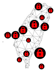Polygonal mesh lockdown map of Taiwan. Abstract mesh lines and locks form map of Taiwan. Vector wire frame 2D polygonal line network in black color with red locks. Frame model for epidemic posters.