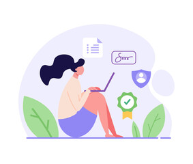 Terms and conditions concept. Woman reading document, protecting personal data, checking documents. Concept of account security, privacy policy, user agreement. Vector illustration in flat design