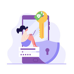 Data protection concept. Woman protecting personal data files with safe password on phone. Concept of Data security, shield and key, protecting information. Vector illustration in flat design for web