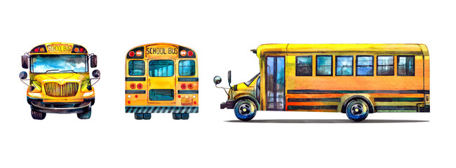 A set of School bus in three angles: front, profile and rear view. Watercolors, colored pencils. Print, postcard, poster.  © Natalia