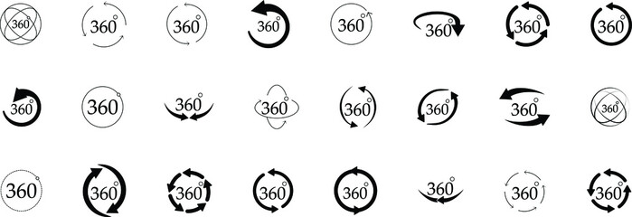 360 Degrees View Vector set. Signs with arrows to indicate the rotation, Vector icon symbol