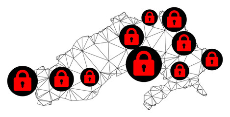 Polygonal mesh lockdown map of Arunachal Pradesh State. Abstract mesh lines and locks form map of Arunachal Pradesh State. Vector wire frame 2D polygonal line network in black color with red locks.