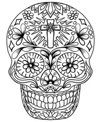 Skull drawn with flowers and crucifix for coloring on a white background, vector, Day of the Dead, Mexican Festival.