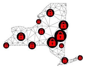 Polygonal mesh lockdown map of New York State. Abstract mesh lines and locks form map of New York State. Vector wire frame 2D polygonal line network in black color with red locks.