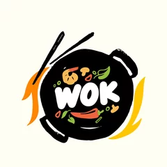 Foto op Canvas Banner, Emblem Wok and Chopsticks with Chinese Food and Fire Top View. Fried Asian Meal Cooking Concept with Ingredients © Pavlo Syvak