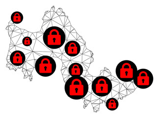 Polygonal mesh lockdown map of Tilos Island. Abstract mesh lines and locks form map of Tilos Island. Vector wire frame 2D polygonal line network in black color with red locks.