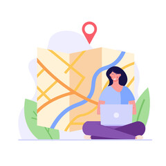 Woman searching and marking a place on the map. Concept of geolocation, gps navigation, online map, gps pin, correct way. Vector illustration in flat design for mobile app, ui, web banner