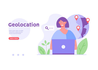 Woman searching and marking a place on the map. Concept of geolocation, gps navigation, online map, gps pin, correct way. Vector illustration in flat design for mobile app, ui, web banner