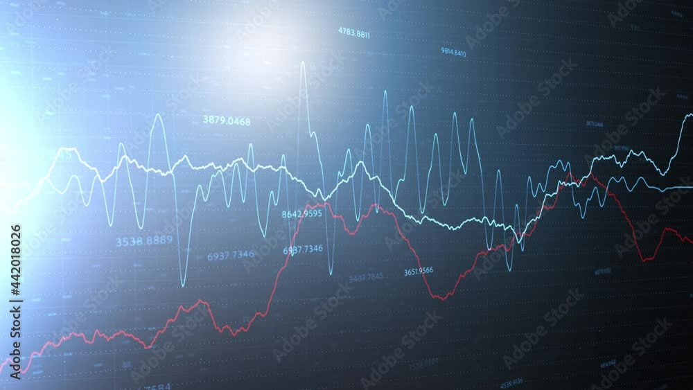 Poster artistic financial business chart with red and blue shining diagrams and blurry stock numbers showin