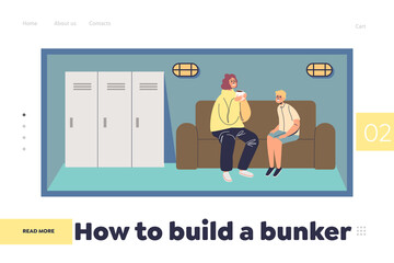 Build bunker concept of landing page with mother and son in safe room secure shelter space underground