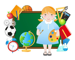 Back to school illustration. Girl in dress near the school blackboard