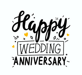 Happy Wedding Anniversary Hand Drawn Lettering, Font, Poster, Design Element for Greeting Card. Congratulation Quote