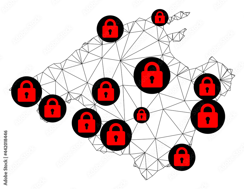 Poster polygonal mesh lockdown map of majorca. abstract mesh lines and locks form map of majorca. vector wi