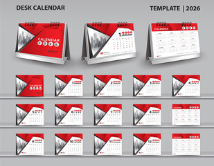 Set Desk Calendar 2026 template and desk calendar 3d mockup, Calendar 2027-2028 template, Red cover design, Set of 12 Months, Week starts Sunday, Stationery, planner, wall calendar 2026 year