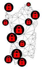 Obraz premium Polygonal mesh lockdown map of Sardinia region. Abstract mesh lines and locks form map of Sardinia region. Vector wire frame 2D polygonal line network in black color with red locks.