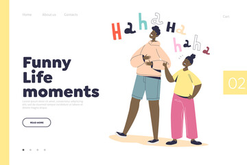 Funny life moments concept of landing page with cheerful boy and girl laughing tell stories joking