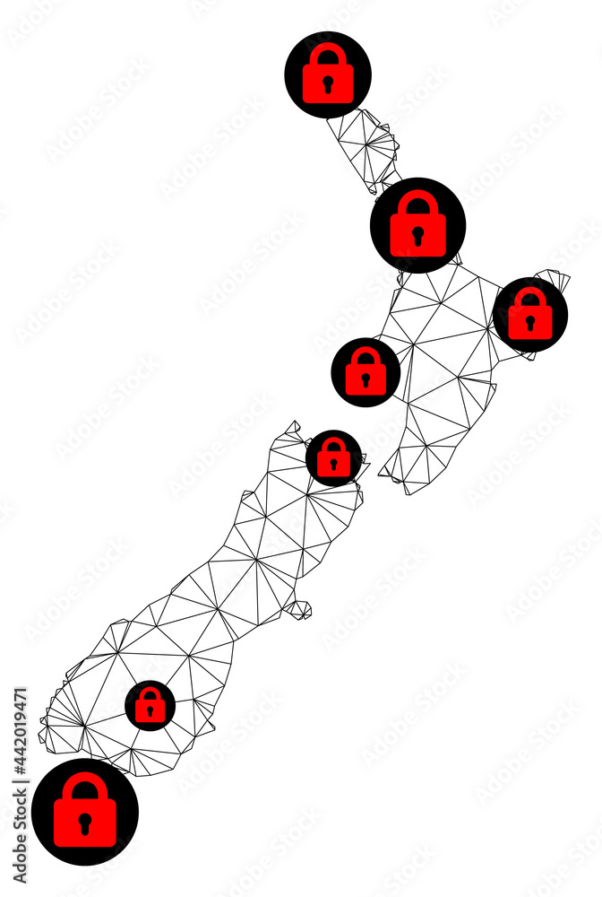 Poster polygonal mesh lockdown map of new zealand. abstract mesh lines and locks form map of new zealand. v