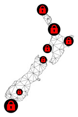 Polygonal mesh lockdown map of New Zealand. Abstract mesh lines and locks form map of New Zealand. Vector wire frame 2D polygonal line network in black color with red locks.