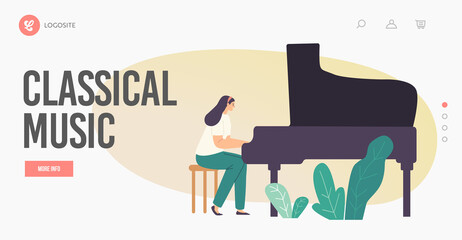 Classical Music Landing Page Template. Pianist Artist Character Playing Musical Composition on Grand Piano on Stage