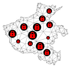 Polygonal mesh lockdown map of Henan Province. Abstract mesh lines and locks form map of Henan Province. Vector wire frame 2D polygonal line network in black color with red locks.