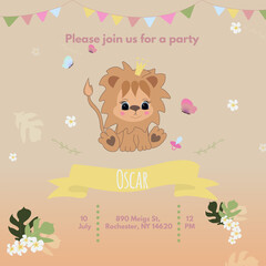 Beautiful invitation card with cute leon