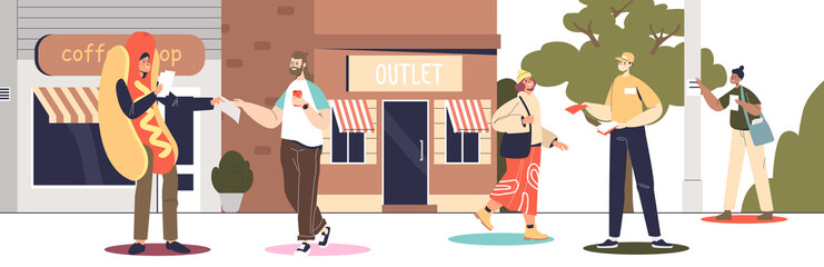 Outdoor street promotion: promoters in costume giving flyers to people and gluing posters on pillars © Iryna Petrenko