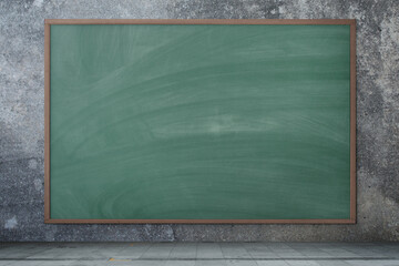 Blackboard texture. Empty blank green chalkboard with chalk traces. Concrete background.