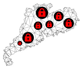 Polygonal mesh lockdown map of Guangdong Province. Abstract mesh lines and locks form map of Guangdong Province. Vector wire frame 2D polygonal line network in black color with red locks.