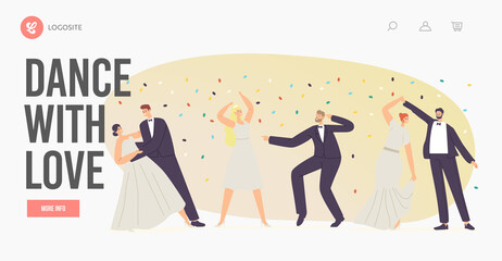 Wedding Dancing Landing Page Template. Just Married Characters Dance with Love, Newlywed Bride and Groom Couple Marriage
