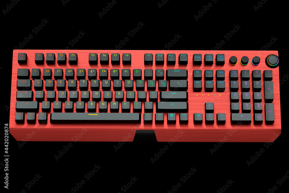 Poster red computer keyboard with rgb colors isolated on black background.