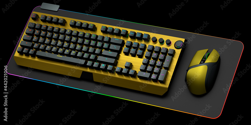 Poster computer keyboard and mouse on professional pad isolated on black background.