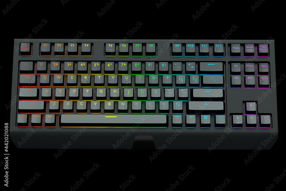 Poster black computer keyboard with rgb colors isolated on black background.