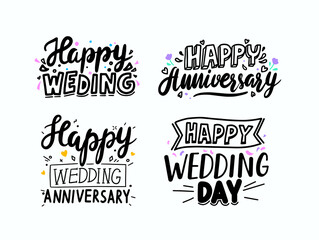 Set Happy Wedding, Anniversary Day Hand Drawn Lettering for Greeting Card. Font, Poster, Design Elements