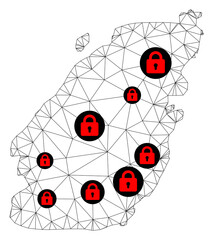 Polygonal mesh lockdown map of Bowen Island. Abstract mesh lines and locks form map of Bowen Island. Vector wire frame 2D polygonal line network in black color with red locks.