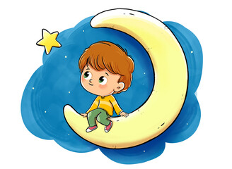 illustration of a boy sitting on the moon looking at a star