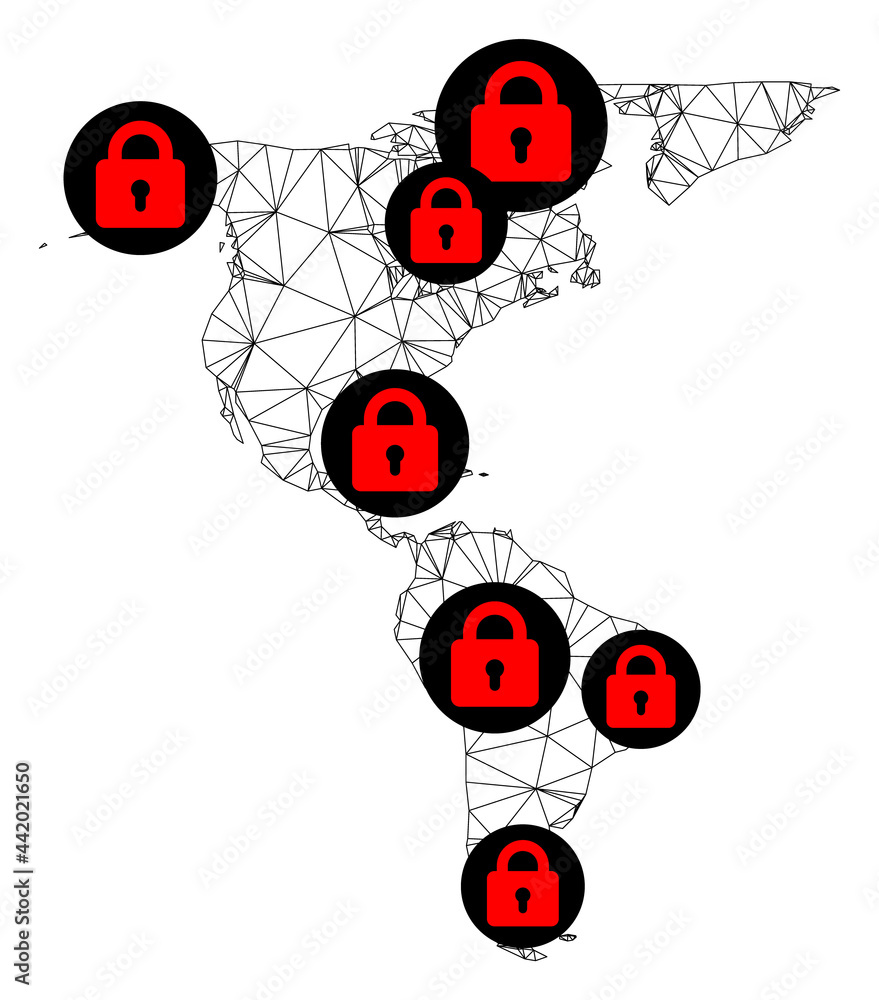 Poster polygonal mesh lockdown map of south and north america. abstract mesh lines and locks form map of so