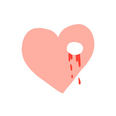 Heart with hole and blood, vector illustration, hand drawn