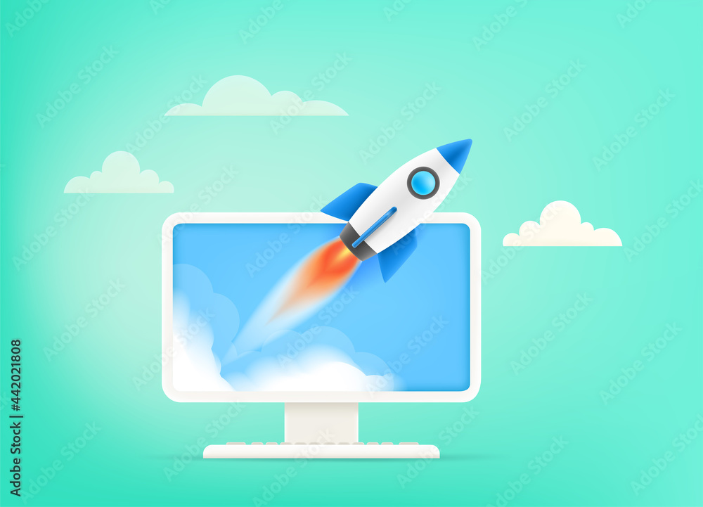 Poster start up your business concept. begin business vector illustration with rocket and computer