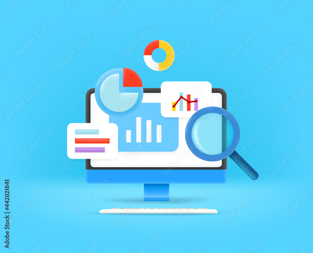 Aufkleber research and seo optimization conceptconcept with cute 3d style and doodle vector elements