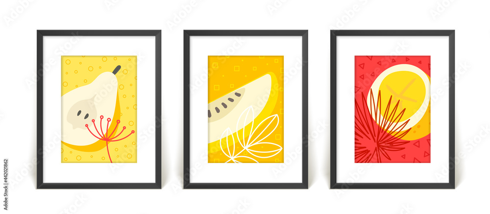 Poster three posters with abstract compositions. frames on a wall